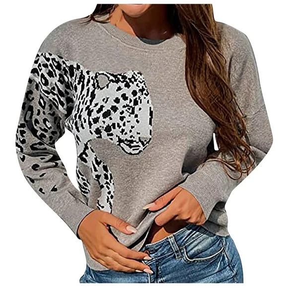 WDSTYLE Crew Neck Knitted Sweaters for Women Loose Casual  Leopard Print… - Picture 7 of 13